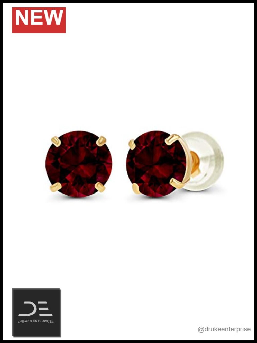 14K Solid Gold 4mm Round Garnet Stud Earrings Prong Set for Women
